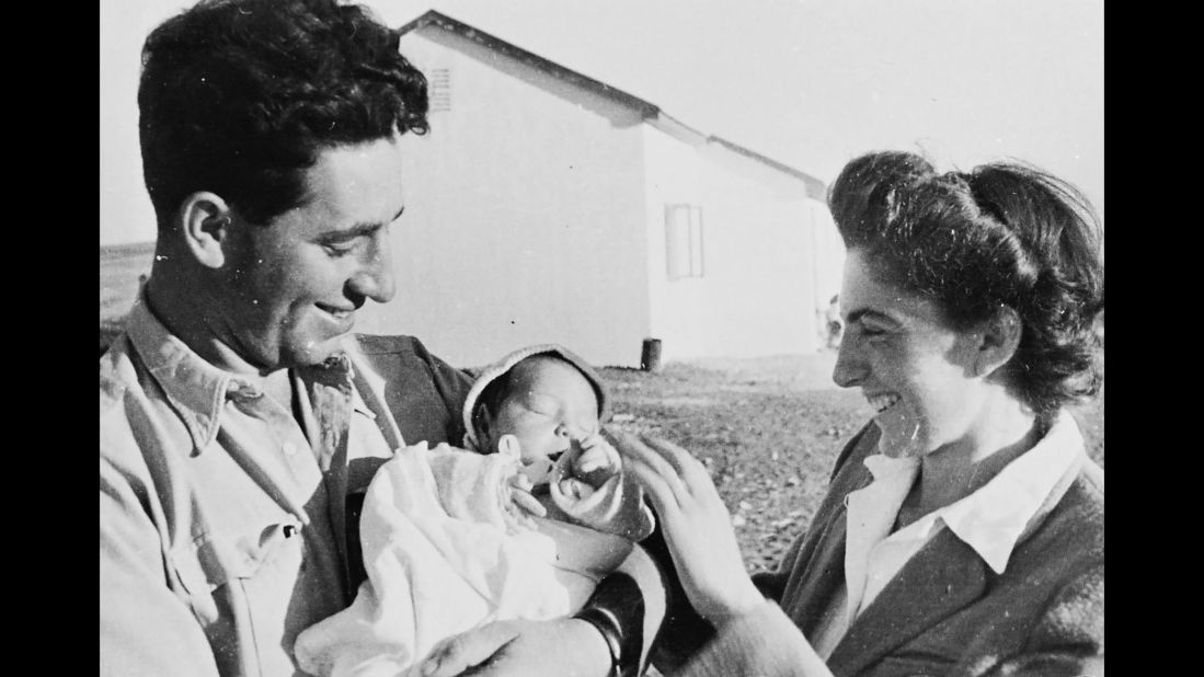 Peres is seen here with his wife Sonia Peres and daughter, Ziviah, in 1946. The couple also had two other children, sons Chemi Peres and Yoni Peres.