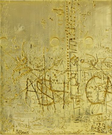 Rudolf Stingel's work often makes an appearance on T.O.P's Instagram feed. In this piece the artist used gold-plated copper and marked it with individual words, initials, and phrases.