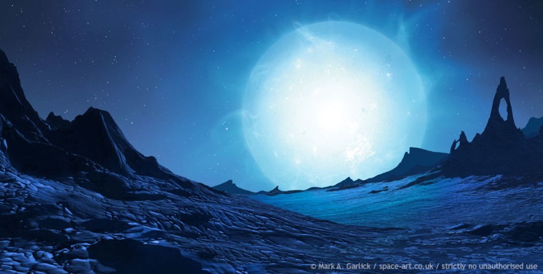 Here, Garlick imagines the view from the surface of a rocky world orbiting a blue giant star