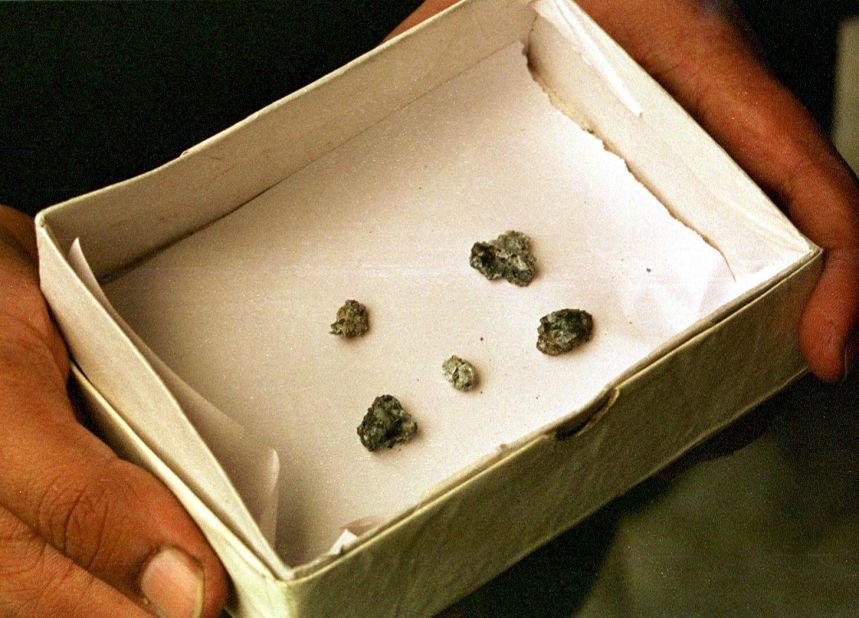 Pieces of a single meteor measuring 1.5 by 1 inches are displayed in a box in Calcutta. 