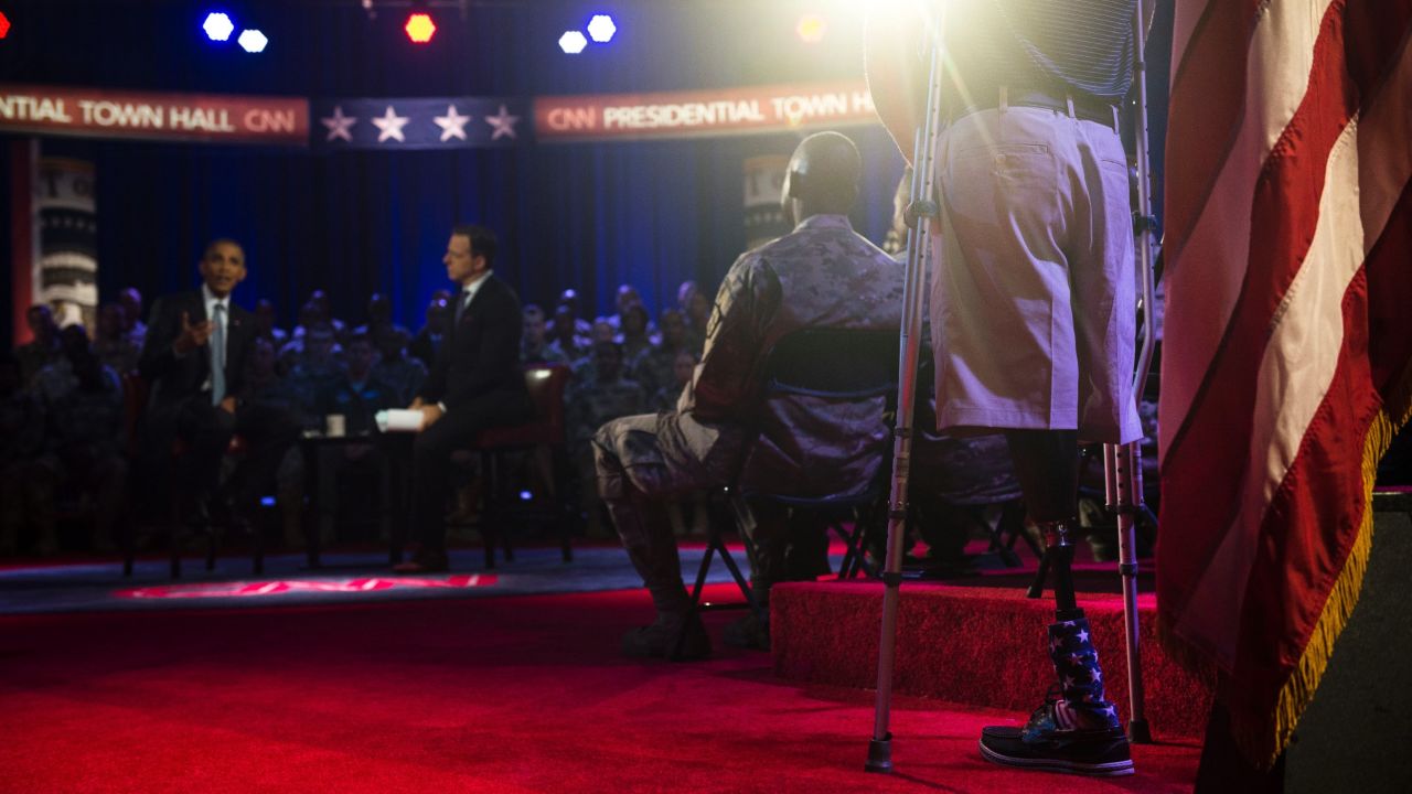 The event gave Obama a chance to meet with members of the military community, including veterans and active-duty service members. Here, he answers a question from Marine Cpl. Brandon Rumbaugh, who lost both of his legs in Afghanistan.