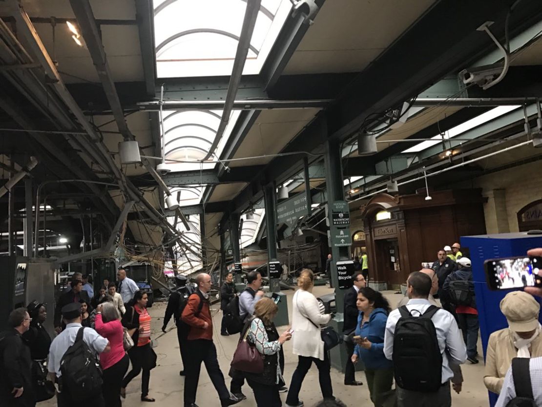 Structural damage appears severe in social images posted after the crash at the Hoboken terminal. 
