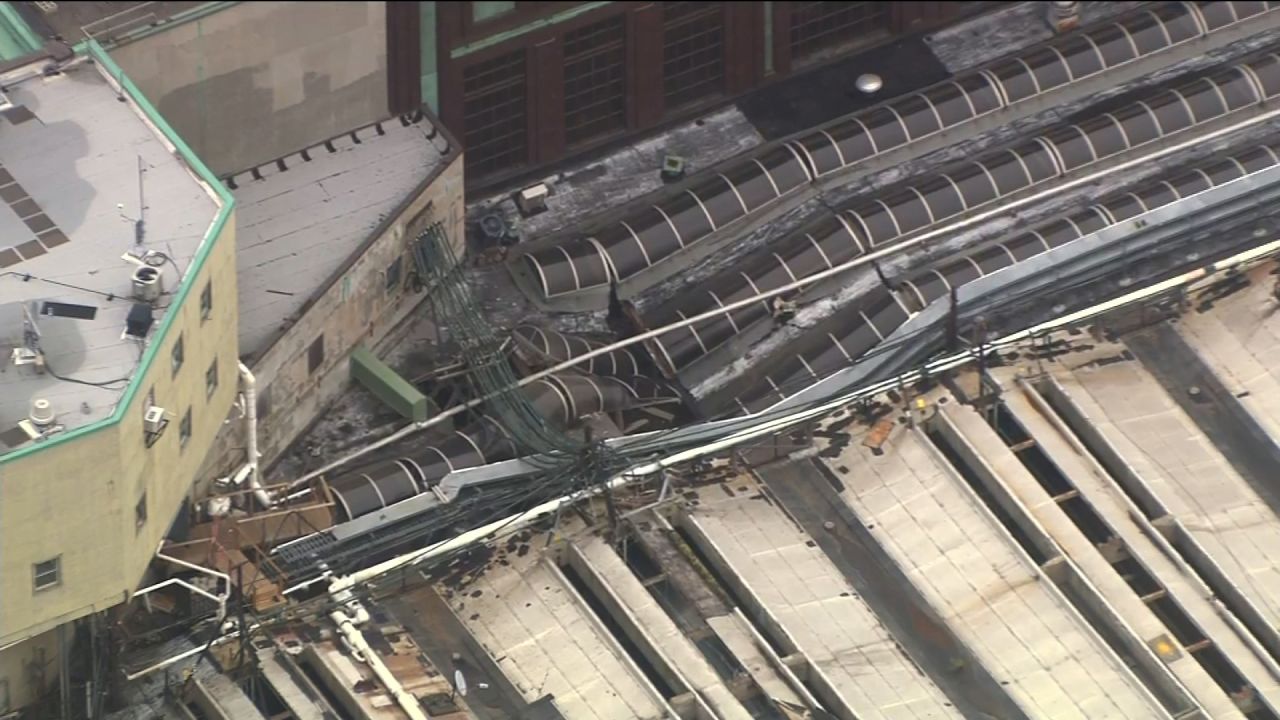 Part of the station's roof is collapsed. 