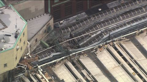 Part of the station's roof is collapsed. 