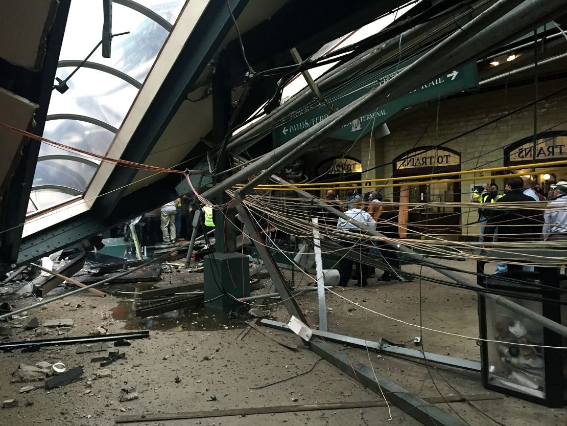 A roof collapsed after a NJ Transit train crashed at the Hoboken terminal.