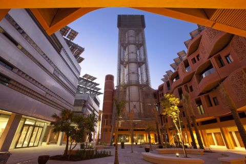 A 45m-high wind tower in Masdar City takes inspiration from traditional Arab technology. It produces a cooling effect, by directing hot air up and out of its surrounding area, as well as bringing cooler air from above down to the surface.