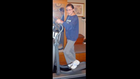 Justice Ruth Bader Ginsburg works out on an elliptical during a training session at the Supreme Court, sporting her "Super Diva" sweatshirt on August 30, 2007.