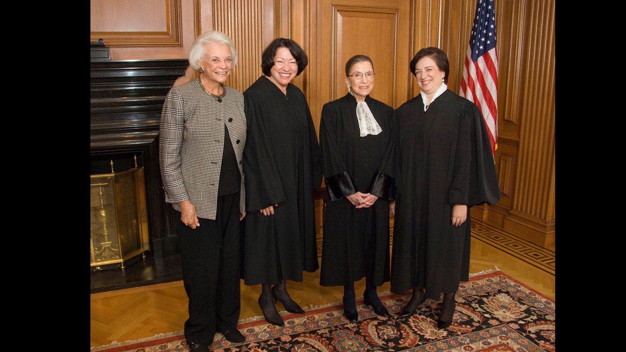 The only women who have become Supreme Court justices pose in the Justices' Conference Room on October 1, 2010, the day of Justice Elena Kagan's investiture. Standing, from left to right, are retired Justice Sandra Day O'Connor and Justices Sonia Sotomayor, Ruth Bader Ginsburg and Elena Kagan. These images are part of a collection from the book "My Own Words" by Ruth Bader Ginsburg with Mary Hartnett and Wendy W. Williams, published by Simon & Schuster.