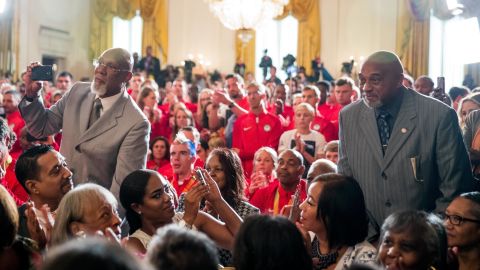 John Carlos, left, and Tommie Smith stand as they are recognized by President Barack Obama during a White House ceremony Thursday.