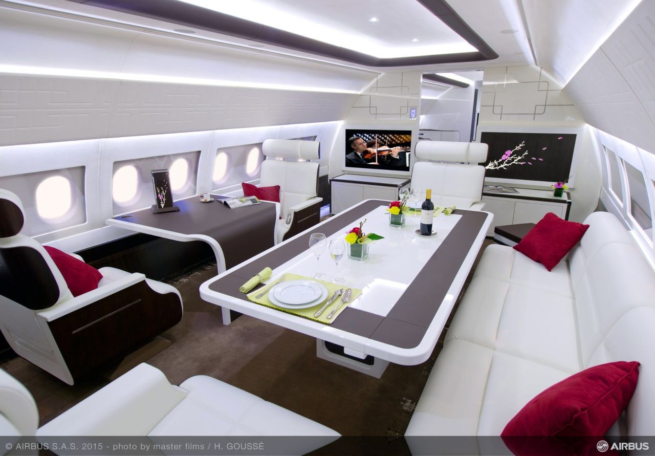 <strong>Dining area on an Airbus ACJ319: </strong>The last couple of decades have seen a dramatic increase in the number of billionaires and multimillionaires worldwide, driving the demand for ever more luxurious ways to jet around the globe. 