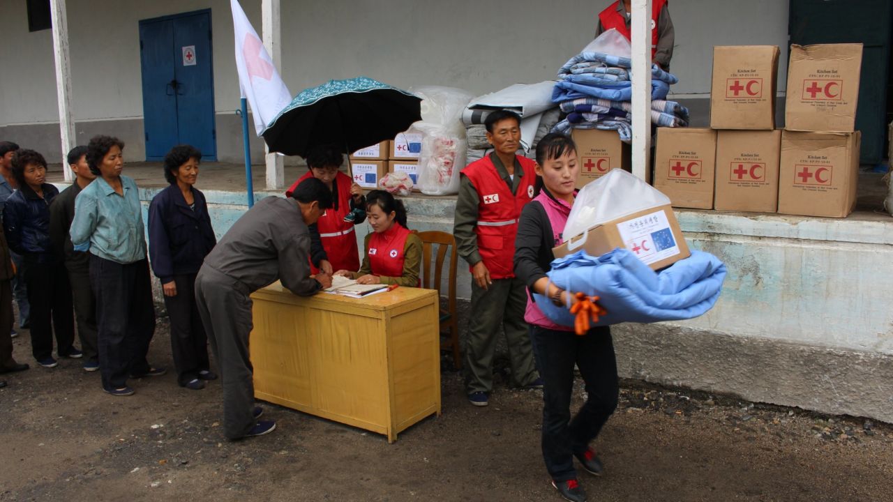 Villagers affected by the flooding in North Korea's Hamgyong province. People are being helped by DPRK Red Cross, UN agencies and other international humanitarian organizations.