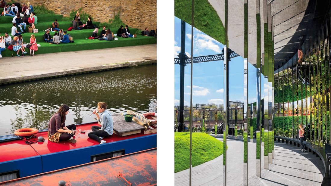 Left: Evening drinks on the roof of a canal boat and new waterside seating off Granary Square; Right: The mirrored panels of Gasholder No. 8, a disused Victorian gas tank now converted into a public art piece. 