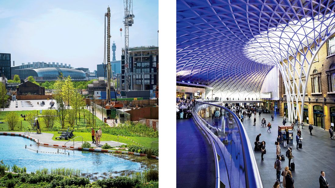 Left: King's Cross Pond Club, a naturally filtered swimming pool with views of St. Pancras International and the BT tower. Right: The newly refurbished departures concourse at King's Cross station. 