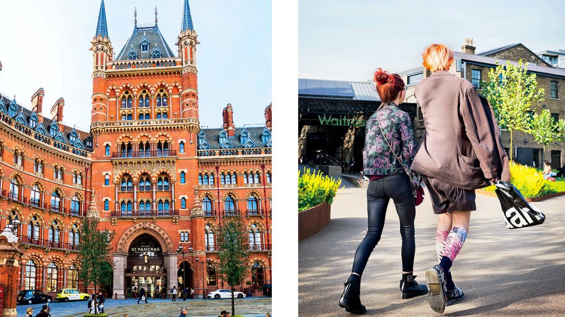 Left: St. Pancras International, which now houses the Renaissance Hotel. Right: Students from Central St. Martins, near the art school's new Granary Square campus. 