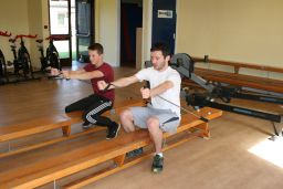An intensive pull band routine is part of Yariv Kam's fitness test at the British Racing school.