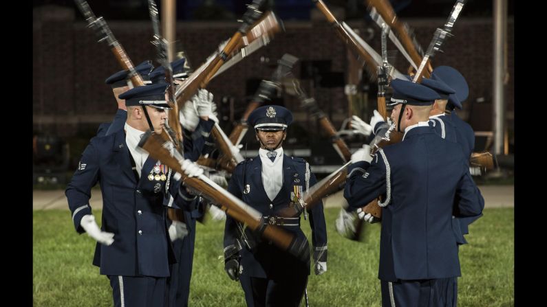The U.S. Air Force Honor Guard Drill Team performs in Washington on Thursday, September 22.