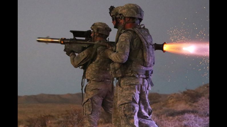 Members of the North Dakota National Guard fire a Stinger missile during a training exercise in Fort Irwin, California, on Tuesday, September 6.