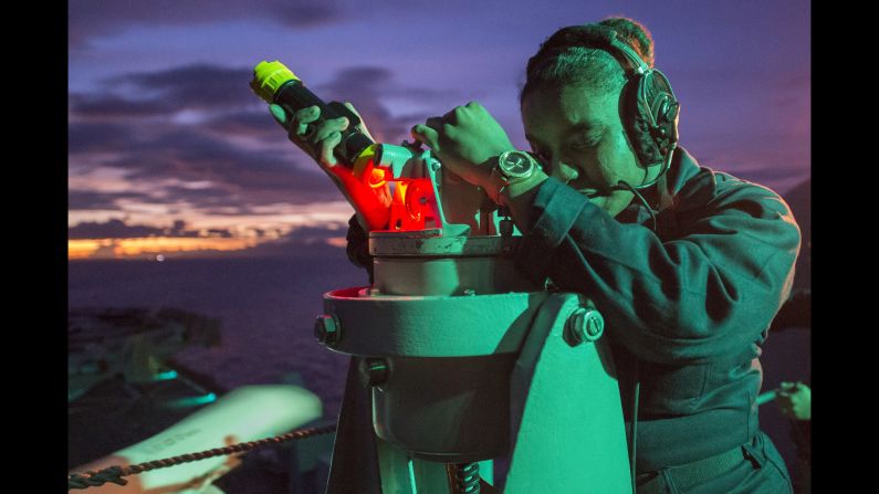 Quartermaster Seaman Daija Anderson takes navigation readings aboard the USS Bonhomme Richard, an amphibious assault ship in the Philippine Sea on Monday, September 26.