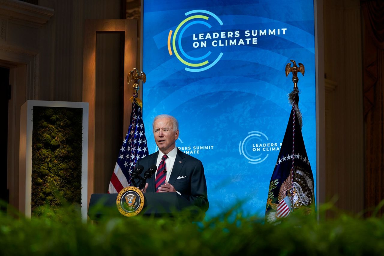 President Biden speaks during the virtual Leaders Summit on Climate from the East Room of the White House on Thursday.