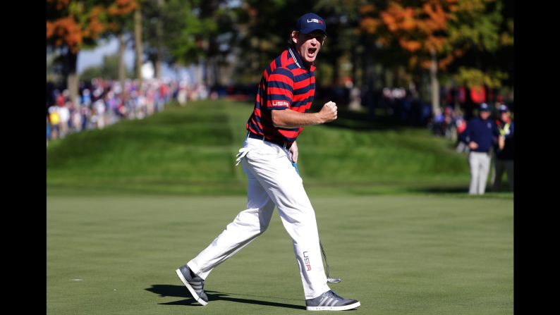 Brandt Snedeker of the United States celebrates after a putt on the 13th green.