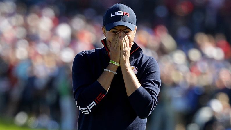 Jordan Spieth of the United States reacts to a missed putt on the 17th green.
