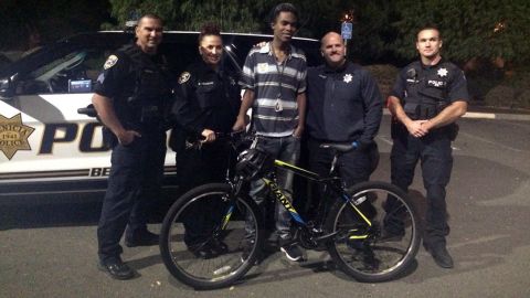 Jourdan Duncan was surprised by police giving him a bicycle after they saw him walking to work. 