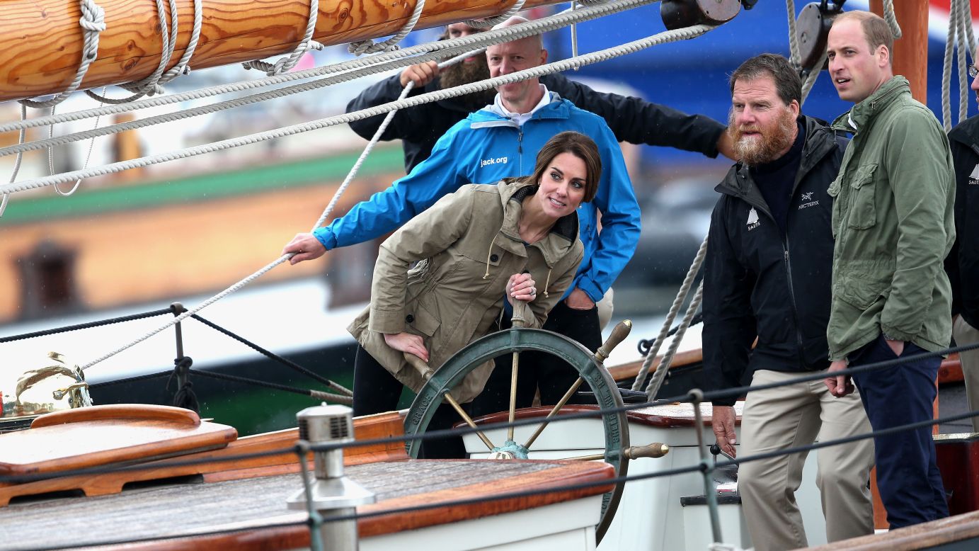 Catherine, Duchess of Cambridge, helms the tall ship Pacific Grace in Victoria Harbour on the final day of the royal tour of Canada on October 1 in Victoria, Canada.
