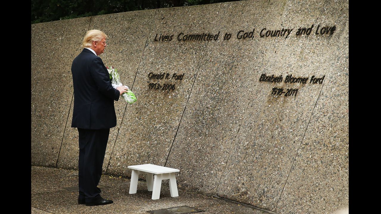 Donald Trump visits the burial site of Gerald and Betty Ford at the Gerald R. Ford Presidential Museum on September 30 in Grand Rapids, Michigan. 