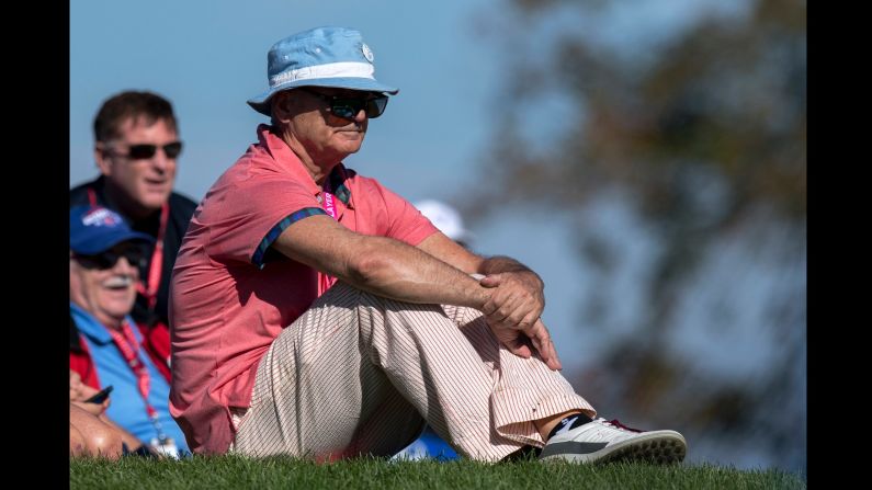Actor and Comedian Bill Murray watches the Saturday morning foursomes matches.
