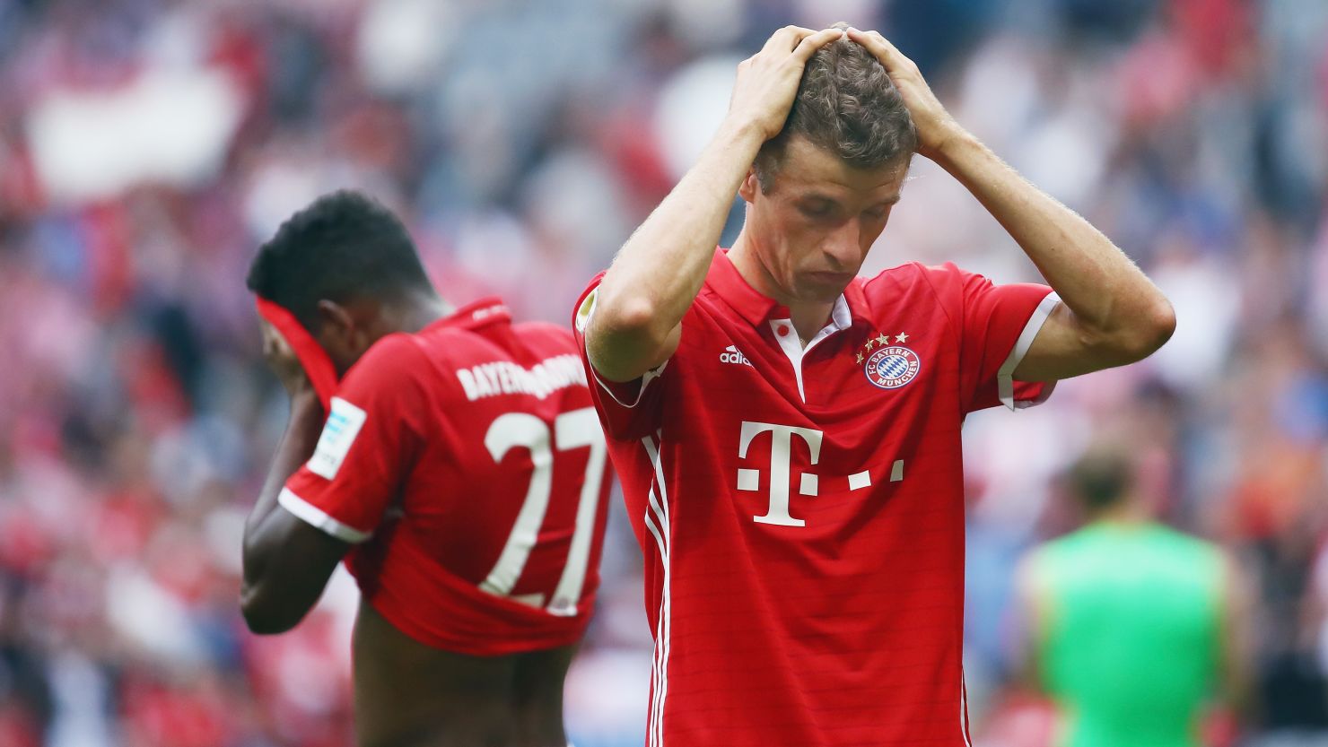 Thomas Muller reacts after Bayern was held at home to FC Cologne.