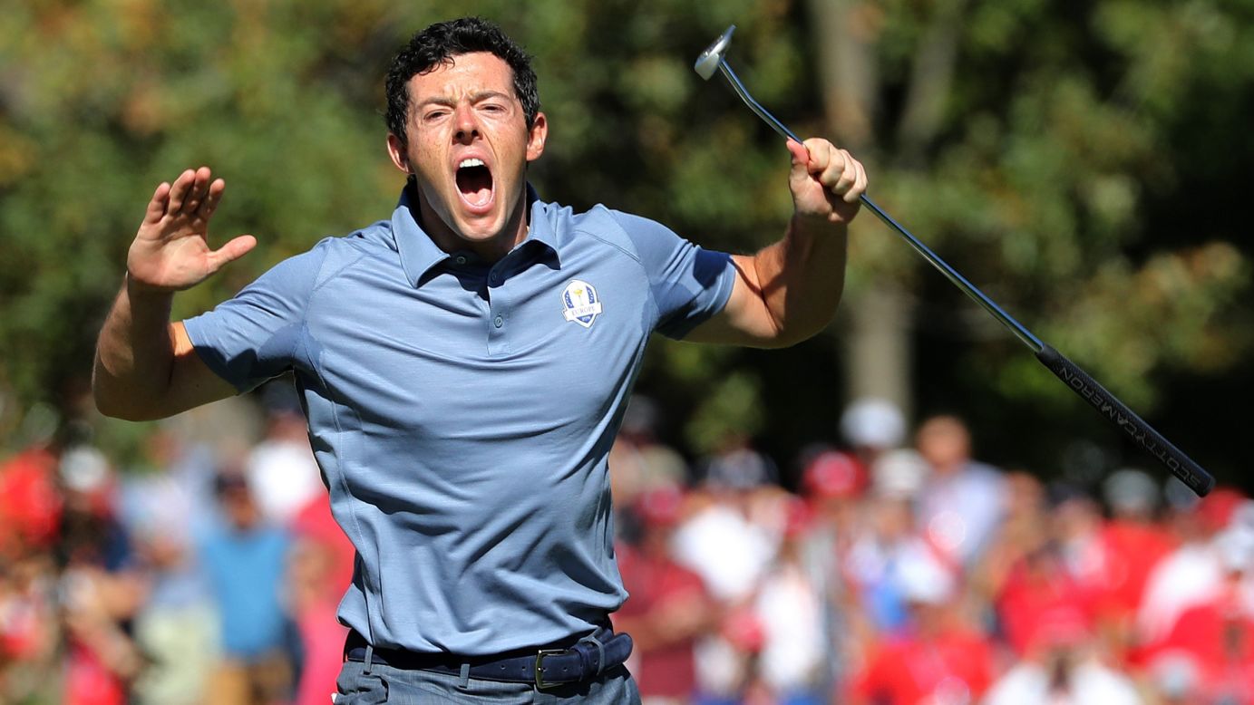 Rory McIlroy of Europe on the eighth green but the tide was to turn against him.