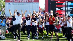 Vice-captain Bubba Watson, J.B. Holmes, Jordan Spieth and Jimmy Walker of the United States celebrate on the 18th green after winning the Ryder Cup during singles matches of the 2016 Ryder Cup at Hazeltine National Golf Club on October 2 in Chaska, Minnesota.