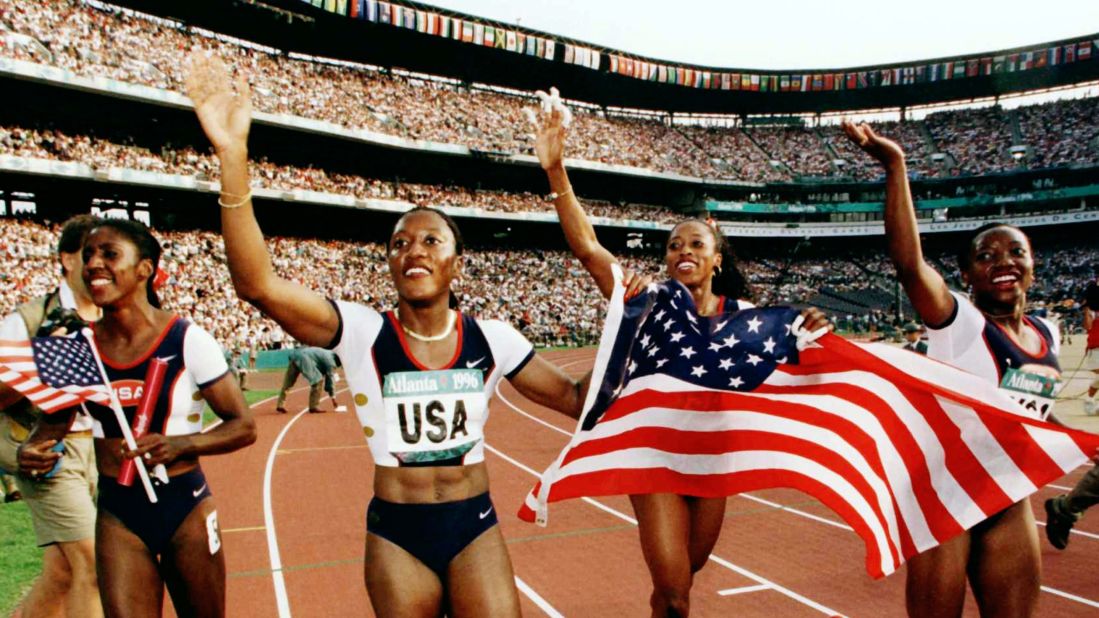 Before it was Turner Field, it was Centennial Olympic Stadium, the main venue for the 1996 Summer Olympic Games. At the Games' opening ceremony, millions from around the world joined those in the stands to watch as Muhammad Ali, his hands shaking from Parkinson's disease, lit the Olympic cauldron. Here, the USA 4x100 relay team of Gwen Torrance, Inger Miller, Gail Devers and Christy Gains celebrate after winning the gold medal.