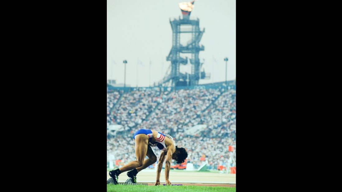 Phylis Smith of Great Britain at the start of the Women's 4x400m relay at the 1996 Games' Centennial Olympic Stadium, which became Turner Field. 