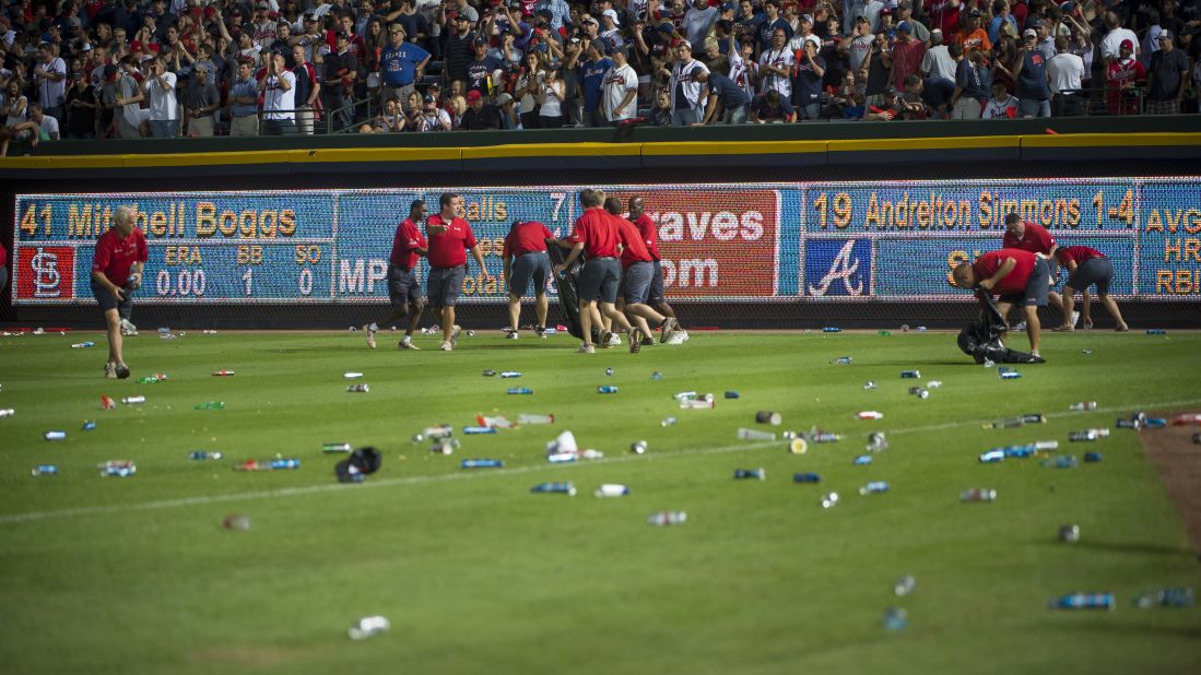 Right field at Turner Field is covered in debris after a controversial infield fly rule call in the seventh inning resulted in a delay of the National League Wild Card Game between the Braves and the St. Louis Cardinals on October 5, 2012. 