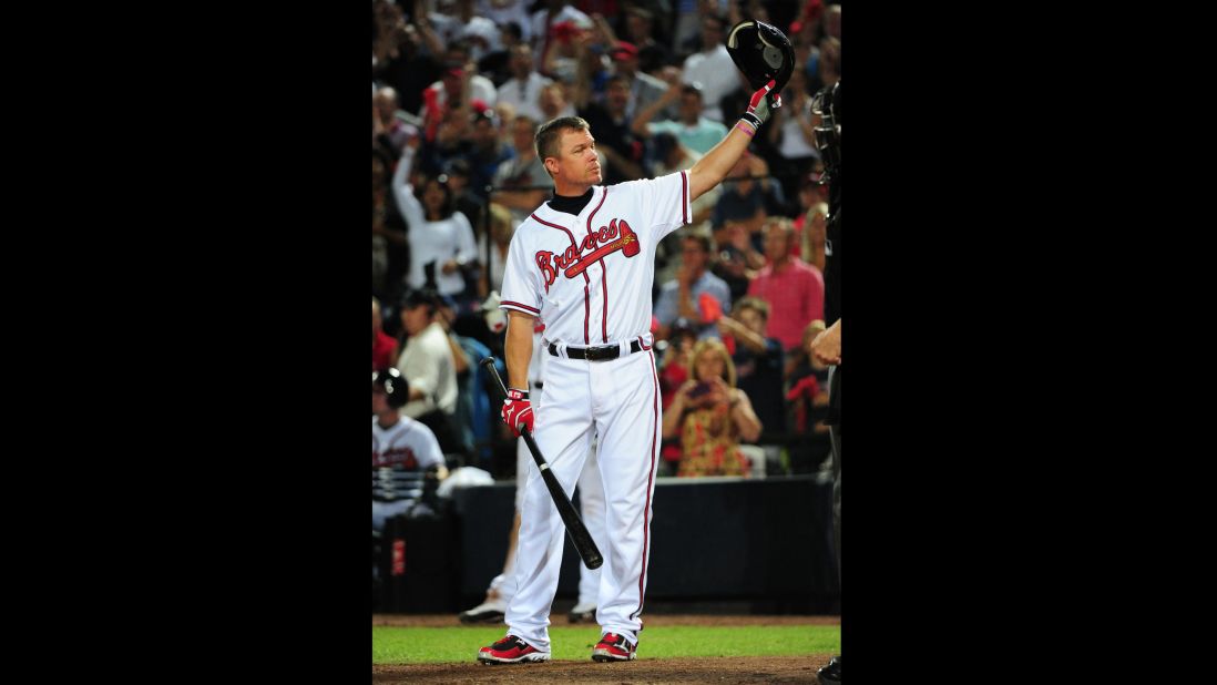 Chipper Jones acknowledges the crowd before his last at-bat against the St. Louis Cardinals during the National League Wild Card Game at Turner Field on October 5, 2012.