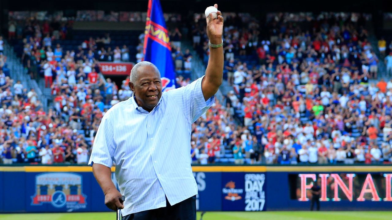 Hall of Famer Hank Aaron throws out the ceremonial last pitch at Turner Field to Bobby Cox after the game between the Braves and the Detroit Tigers on October 2. Atlanta won 1-0.
