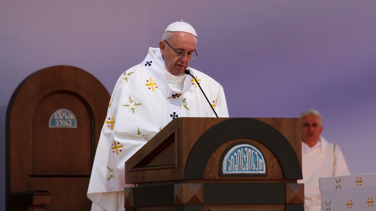 Pope Francis leads a mass at the Mikheil Meskhi Stadium during his visit in Tbilisi, Georgia on October 1.