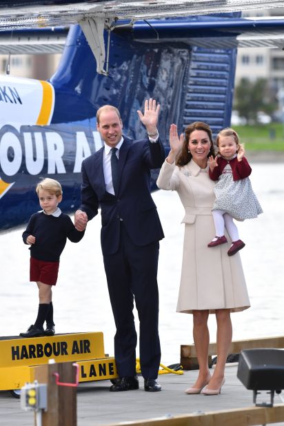 Prince William, Duke of Cambridge, Prince George of Cambridge, Catherine, Duchess of Cambridge and Princess Charlotte board a sea-plane on the final day of their tour of Canada on October 1 in Victoria. The Royal couple along with their children are visiting Canada as part of an eight day visit to the country taking in areas such as Bella Bella, Whitehorse and Kelowna  