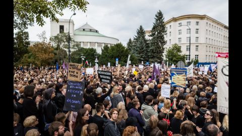 People attend the anti-government, pro-abortion demonstration in front of Polish Pariament in Warsaw, Poland on October 3, 2016.