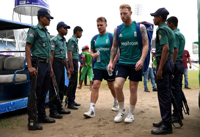 A huge security presence greeted England's cricketers as they arrived in Bangladesh for a three-match series. Whenever the team leaves its hotel, armed guards will follow as it is afforded Presidential levels of protection.