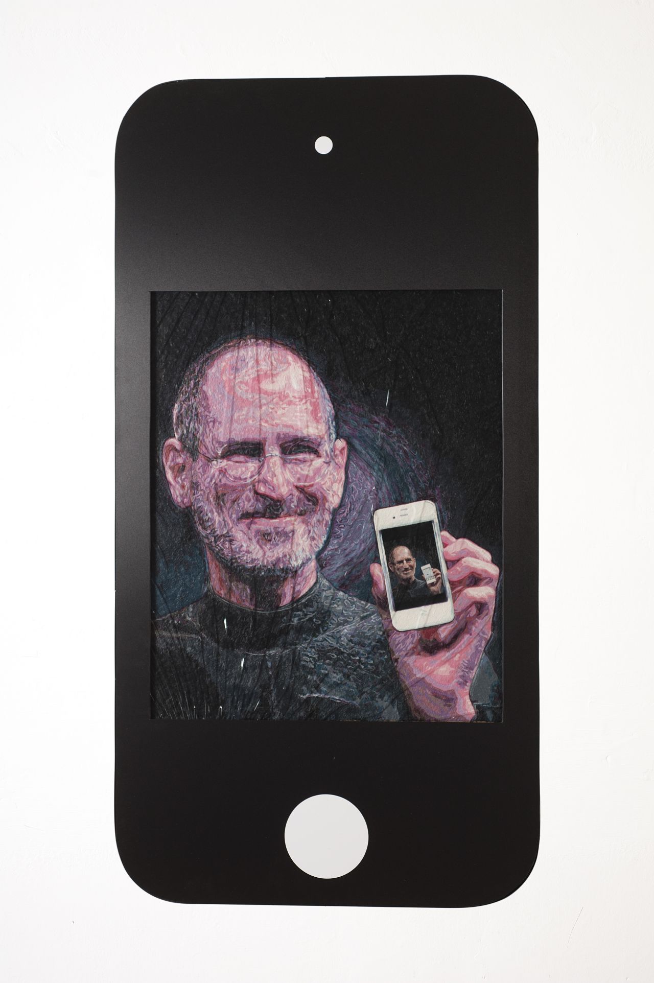 Framed by a faux-iPhone, "Steve" is one of the artist's micro-mosaics, large and detailed works comprised of dyed gum.