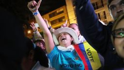 BOGOTA, COLOMBIA - OCTOBER 02:  'No' supporters celebrate at a rally following their victory in the referendum on a peace accord to end the 52-year-old guerrilla war between the FARC and the state on October 2, 2016 in Bogota, Colombia. The guerrilla war is the longest-running armed conflict in the Americas and has left 220,000 dead. The plan called for a disarmament and re-integration of most of the estimated 7,000 FARC fighters. Colombians have voted to reject the peace deal in a very close vote.  (Photo by Mario Tama/Getty Images)