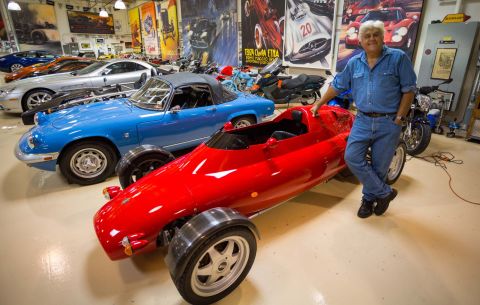 Hollywood star Jay Leno restores vintage cars and motorbikes in his garage in Burbank, California.