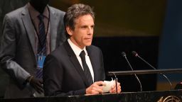 Actor Ben Stiller speaks to the #withrefugees group prior to handing over a petition to UN Secretary-General on September 16 at the United Nations in New York. 