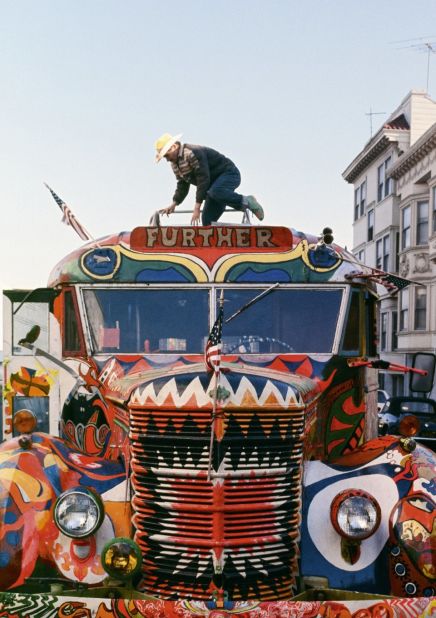 The Merry Pranksters barreled around the US on a modified 1939 school bus nicknamed "Further." Painted -- and frequently repainted -- with vibrant psychedelic imagery, the bus crossed the country to the New York World's Fair in 1966, before returning. After that it would be used for West Coast adventures, to Beatles concerts for example, with Pranksters jamming on the roof as they drove. 