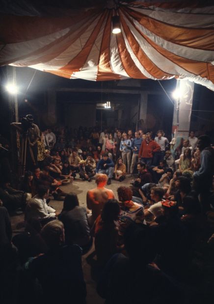 The height of Kesey's efforts was the Acid Test Graduation, which took place on October 31, 1966. Kesey (center, shirtless) was entangled with legal proceedings against him for marijuana possession and faked suicide, and wanted to go out in a moment in triumph. The test was ostensibly to "go beyond acid," to reach its heightened state sober. In reality everyone took acid with television cameras rolling -- Kesey's last prank with the Pranksters.