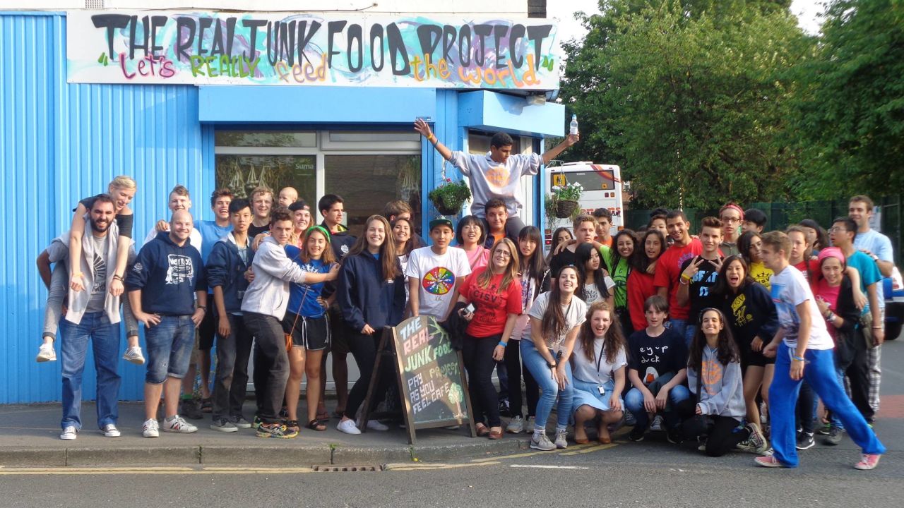 Outside the Armley Junk-tion in Leeds - the first Real Junk Food cafe, launched in 2013.