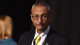 John Podesta, Chairman of the 2016 Hillary Clinton presidential campaign, looks on before the first vice presidential debate at Longwood University in Farmville, Virginia on October 4, 2016. 