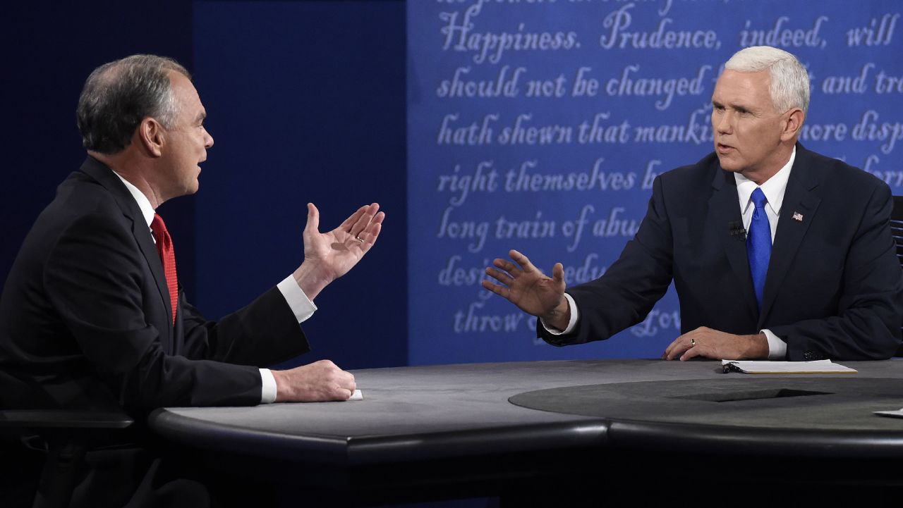 Democratic vice presidential candidate Tim Kaine (L) and Republican vice presidential candidate Mike Pence (R) speak during the US vice presidential debate at Longwood University in Farmville, Virginia on October 4, 2016.


 / AFP / SAUL LOEB        (Photo credit should read SAUL LOEB/AFP/Getty Images)